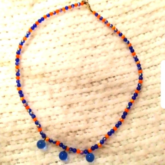 Handmade Women's Blue Orange Beaded Necklace Handcrafted - Picture 5 of 10